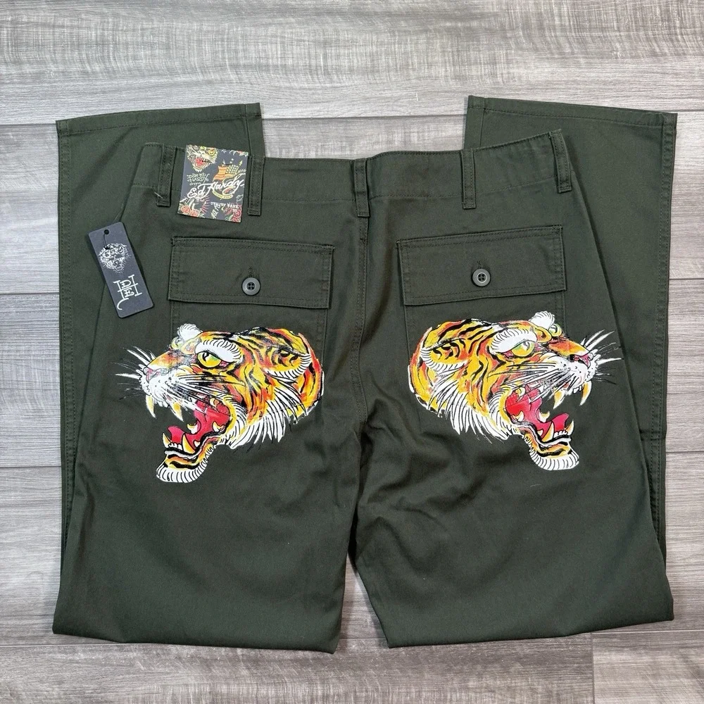 Ed Hardy Men's Screaming Tiger Straight Pants Utility Y2K Olive Size 32 NEW‎